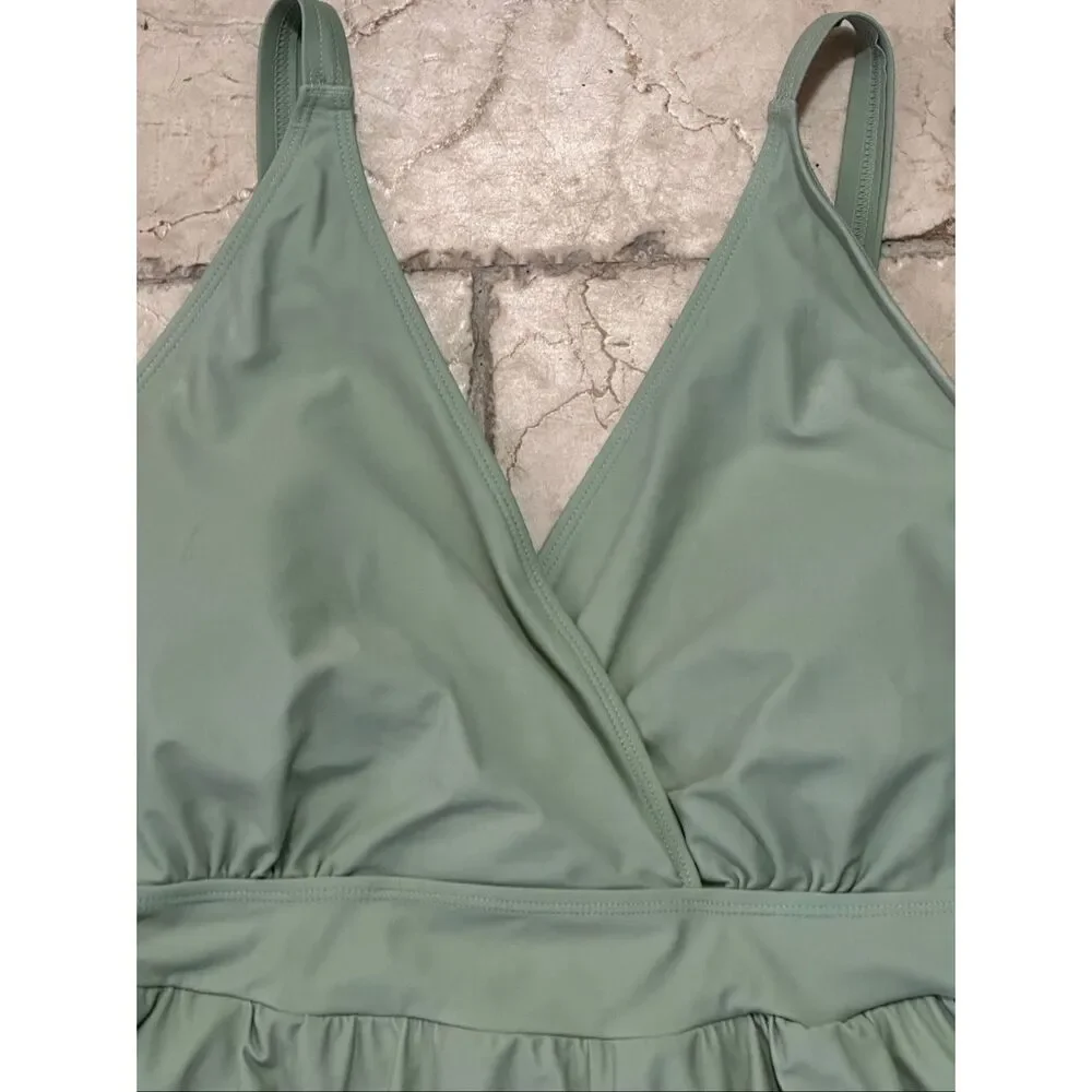 BloomChic 22-24 Sage Green Swim Romper One Piece Shorts Swimsuit Pockets